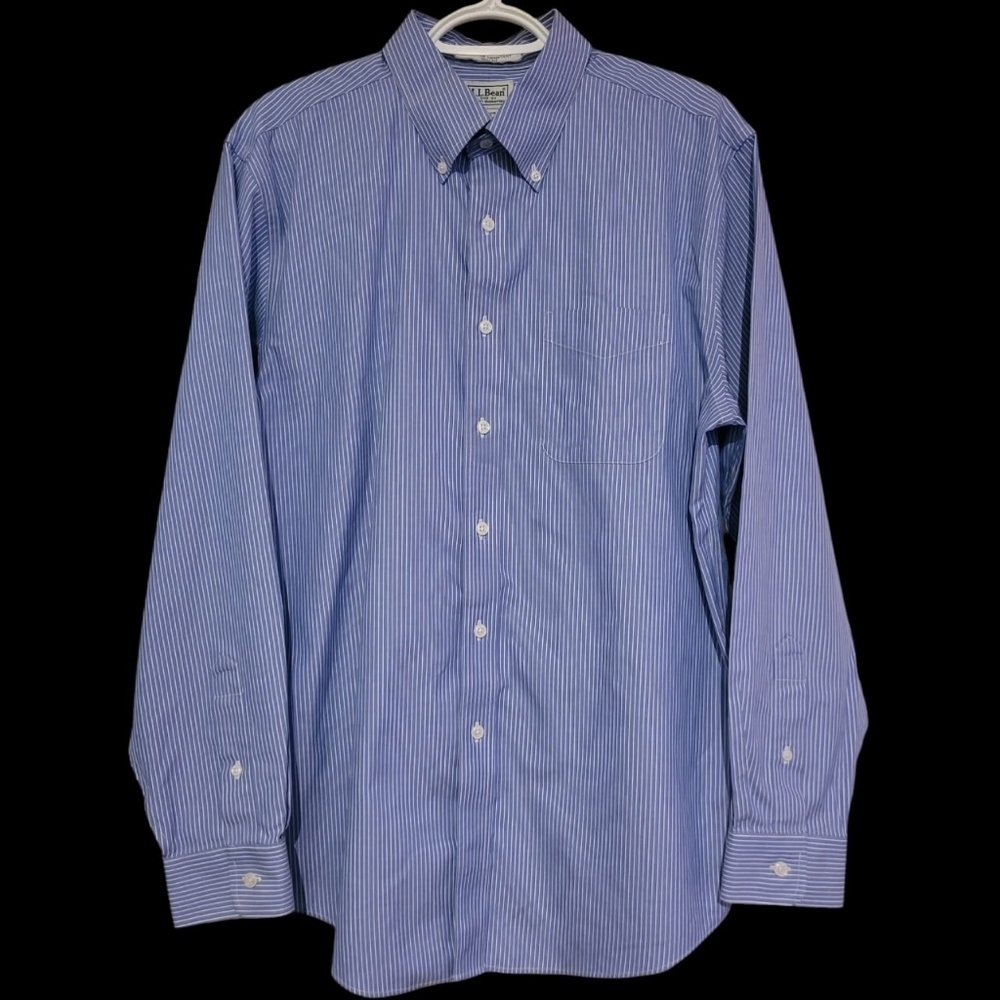 L.L. Bean Long Slv Button Shirt Wrinkle Free Blue White Pinstripe 16-34 Trim Fit